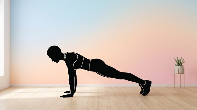 Silhouette of a fit woman performing a plank exercise for core strength in a bright modern interior room