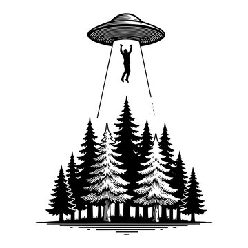 UFO alien spaceship abducting human silhouette above pine forest in vintage engraving style
