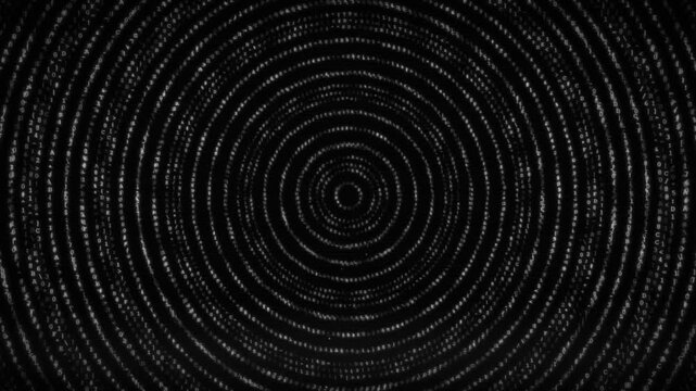 Abstract Digital Background Featuring Spinning Concentric Circles of Binary Code and Cryptographic Data Matrix
