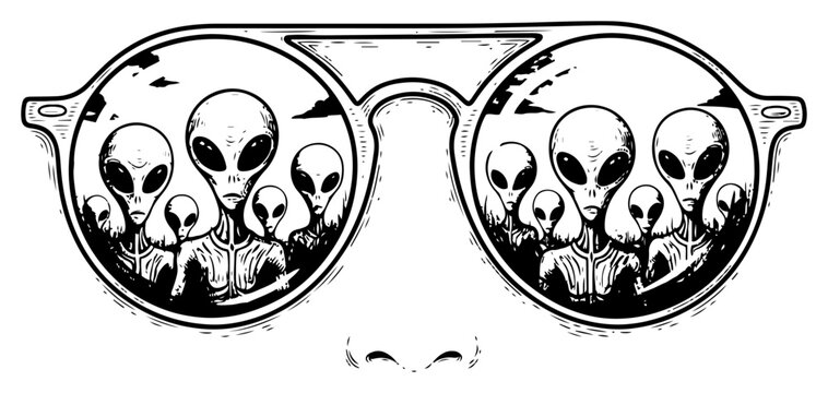 Sunglasses reflecting crowd of alien faces in detailed engraving style