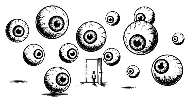 Multiple floating eyeballs surrounding open door with small figure in surreal engraving style