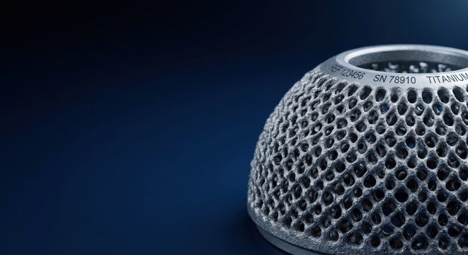 3D printed porous titanium acetabular hip implant cup on dark blue background with copy space