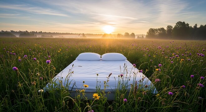 A bed with pillows sits in a field of wildflowers bathed in the soft glow of a sunrise