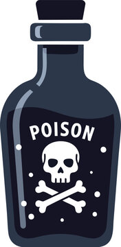 A vintage glass flask container holding a dangerous toxic liquid marked with a warning symbol featuring a human skull and crossbones representing lethal chemicals or hazardous substances for