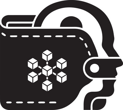 Vector black icon of a human head with a wallet containing a blockchain network of connected cubes, isolated on a transparent background.