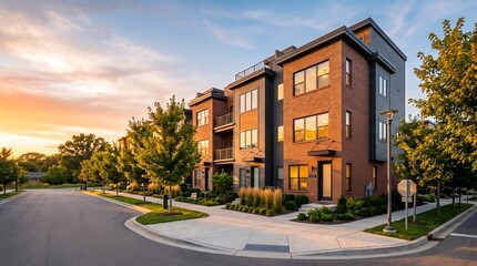 Obraz premium Beautiful Modern Row Houses Exterior During Golden Hour Sunset Real Estate
