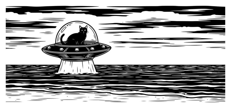 Black cat piloting a flying saucer over ocean waves in retro woodcut style