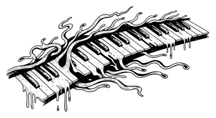 Melting piano keys with smoke and liquid in surreal woodcut style © Wera