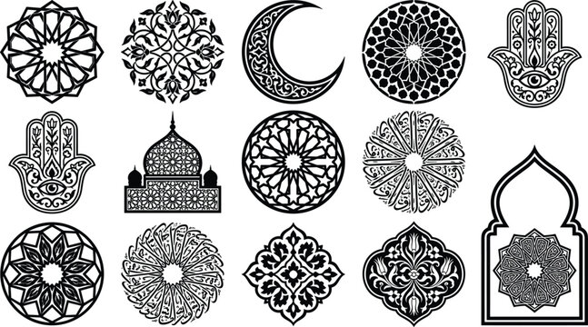 Islamic Geometric Ornament Collection Vector Set with Arabic Mandala Patterns Hamsa Hand Crescent Moon Mosque Arch and Decorative Ramadan Elements