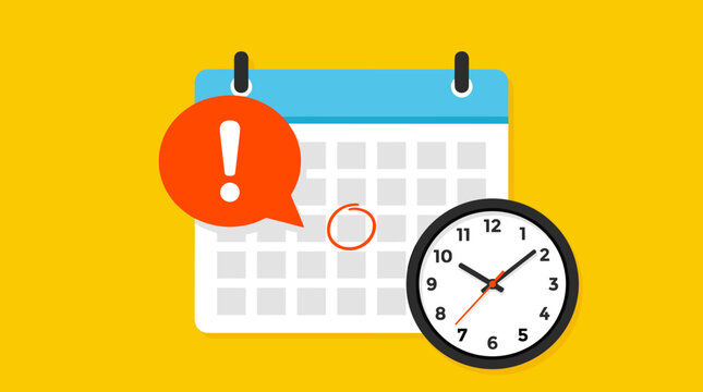 Calendar page with exclamation mark inside speech bubble and analog clock icon elements.