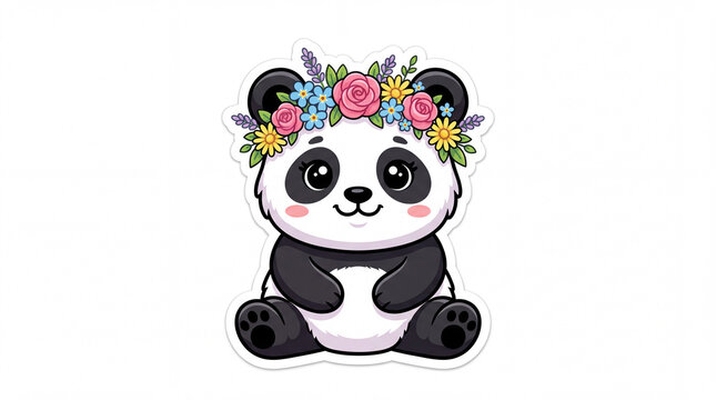 Adorable cartoon panda character wearing a floral crown with a cheerful expression, set against a white background