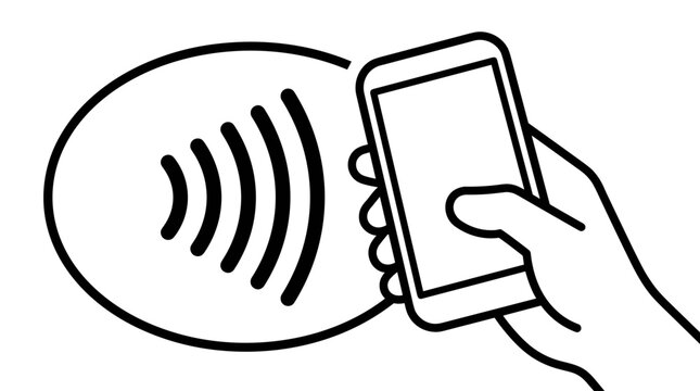 Nfc mobile contactless payment icon with hand holding smartphone near scanning reader point.