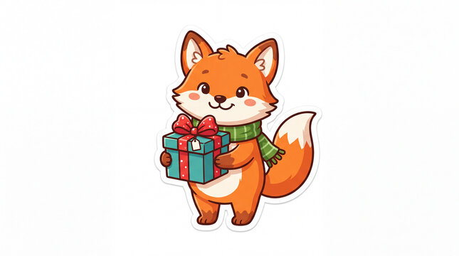 A cute fox character holding a gift box with a colorful bow, wearing a green scarf, designed in a cartoon style