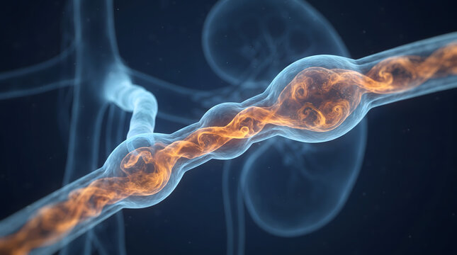 3D medical illustration of a renal artery with fibromuscular dysplasia showing turbulent blood flow near a kidney on a dark background