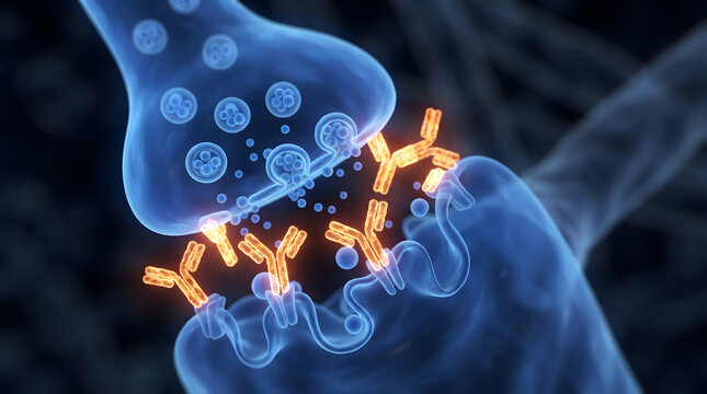 3D medical illustration of Y-shaped antibodies blocking neurotransmitter receptors at a neuronal synapse, showing vesicles and synaptic cleft