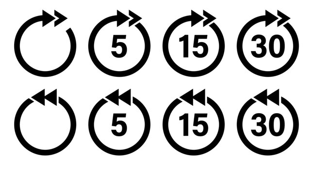 Set of circular arrow icons for video rewind or fast forward navigation with time intervals.