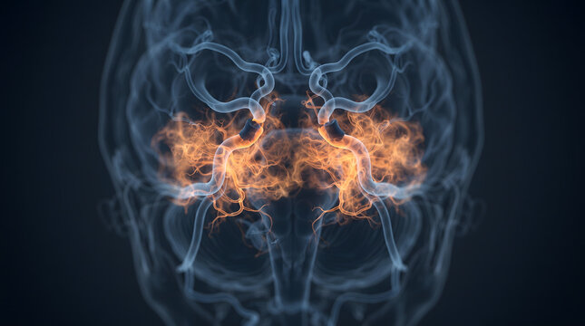 Medical illustration of human brain blood vessels with glowing orange inflammation highlighting a cerebral aneurysm, stroke risk, or vascular disease.