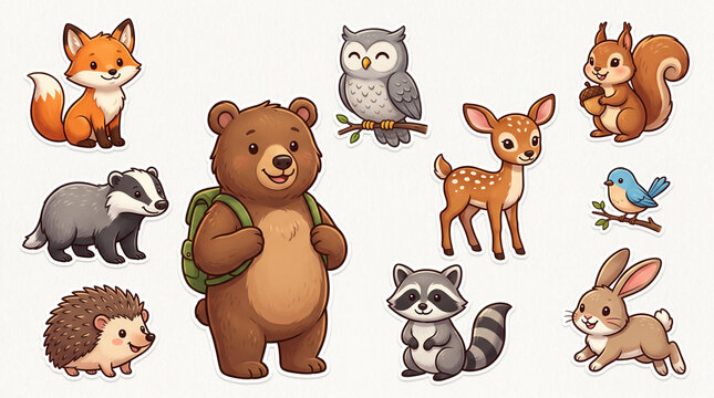 Colorful cartoon animals including a bear, fox, owl, deer, squirrel, badger, hedgehog, raccoon, and rabbit in a playful arrangement