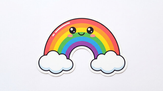 A colorful and playful cartoon rainbow with a smiling face and fluffy white clouds underneath, set against a clean white background