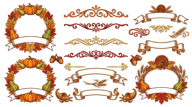 Thanksgiving decorative elements set with wreaths, ribbons, pumpkins, turkeys, and cornucopias isolated on transparent background