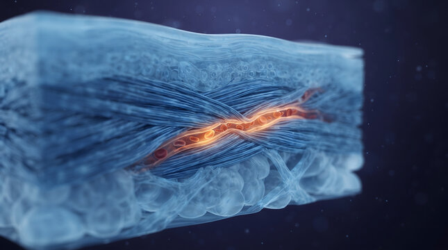 3D medical illustration showing a cross section of skin tissue layers with muscle fibers, subcutaneous fat, and a glowing blood vessel