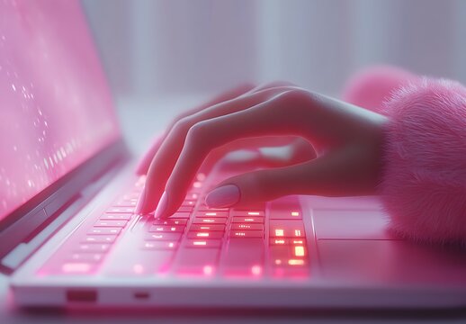 Close-up of hand typing on laptop keyboard with pink backlight