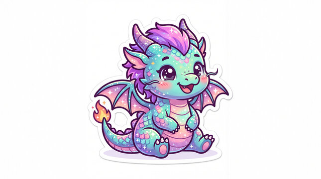 A cute, colorful dragon character with a happy expression, featuring purple scales and tiny wings sitting playfully