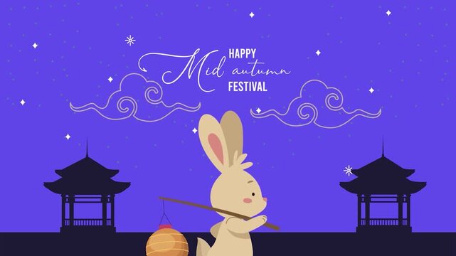 Cute rabbit carries a glowing lantern in this digital animation video clip celebrating the traditional asian mid autumn festival