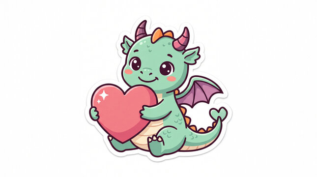 A cute green dragon character holding a heart, with small wings and adorable features
