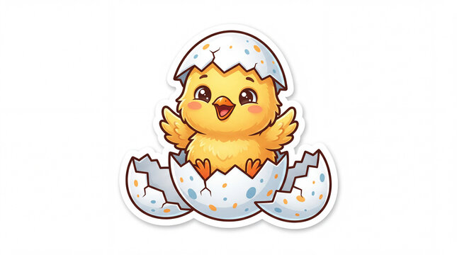 Adorable yellow chick hatching from a speckled eggshell with its wings spread, exuding a cheerful expression