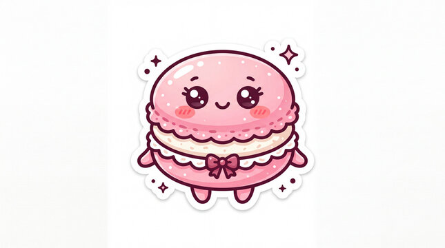 Cute cartoon macaroon character with a cheerful expression, featuring pink hues, a bow, and star accents, ideal for a playful theme