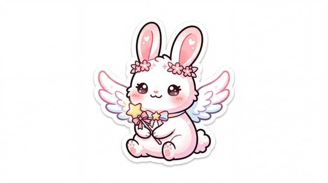 Cute pink bunny with wings and a flower crown holding a star wand, conveying a whimsical and magical atmosphere