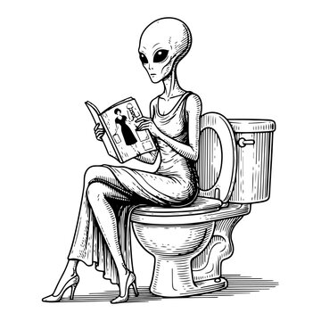 Alien in a long dress reading magazine while sitting on a toilet in retro engraving style