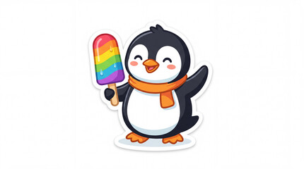 Obraz premium Cute cartoon penguin happily holding a colorful rainbow popsicle while wearing an orange scarf