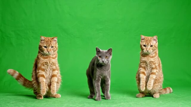 Three Cats Dancing on Hind Legs Against Green Screen