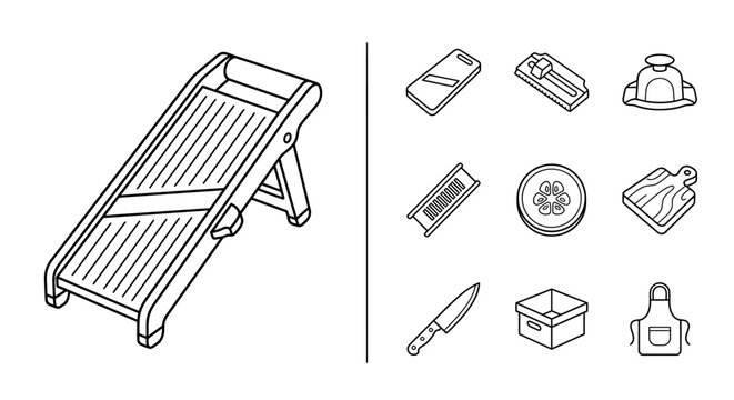 Kitchen Mandoline Slicer and Cooking Tool Icons Set