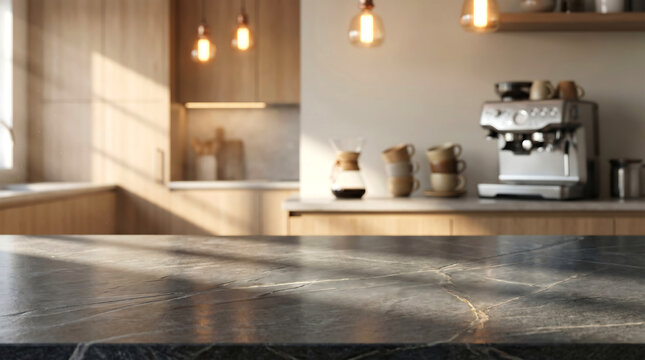 Luxury black marble countertop in modern kitchen interior for product display mockup website banner and advertising