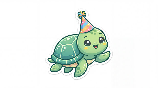 Cute cartoon turtle wearing a birthday hat with a joyful expression, ideal for celebration themes and children's designs