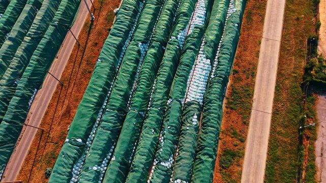Agricultural storage yard, stacks of bags covered with green sheets. Top down perspective captures parallel rows of stored materials separated by concrete pathways during day.