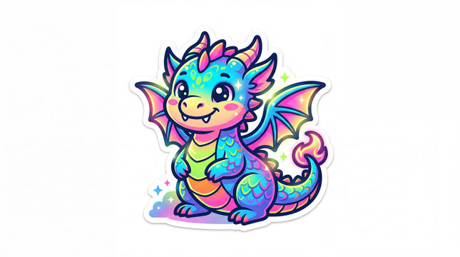 A vibrant, colorful sticker design of a cute cartoon dragon with sparkling features and playful expression