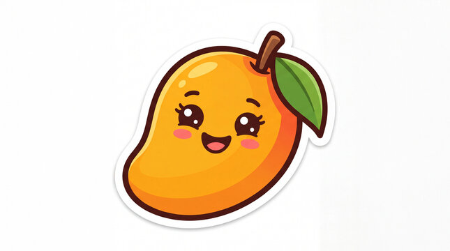 Cute mango character sticker with cheerful expression and green leaf, perfect for decoration and fun designs