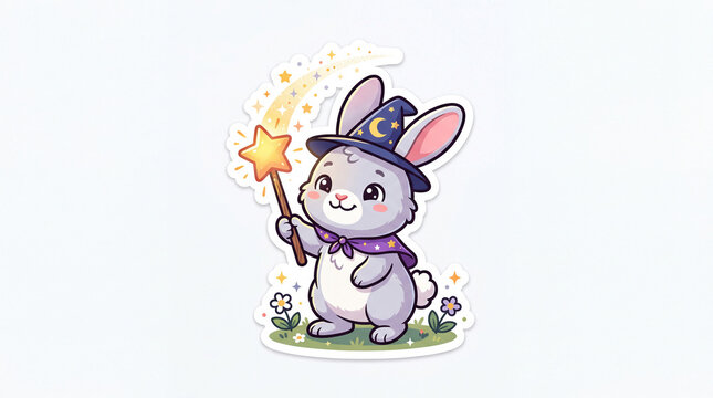 A cute rabbit in a wizard hat holding a magic wand and casting spells with sparkling stars around