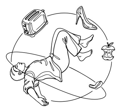 Man floating in air with orbiting household objects in vintage engraving style