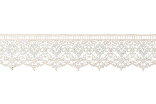 White lace decorative border with delicate floral pattern on transparent background, textile trim for wedding or craft design