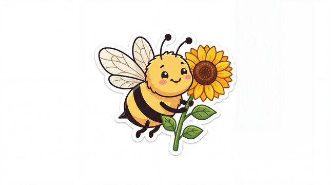 Cute cartoon bee smiling while holding a vibrant sunflower, showcasing a joyful interaction with nature