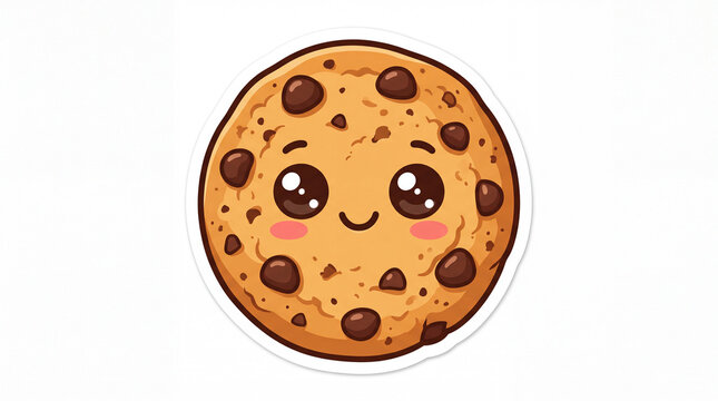 Cute cartoon cookie character with large, expressive eyes and a smiling face, featuring chocolate chips on a light background