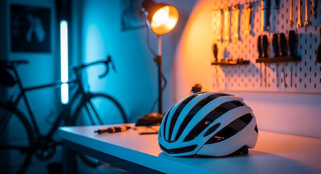 A bicycle helmet sits on a table, with a bike and tools in a workshop, under warm and cool light