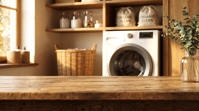 Empty wooden tabletop in a bright laundry room with a washing machine and organic detergent for product presentation.