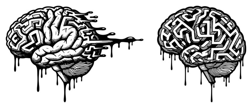 Human brain with labyrinth maze pattern and dripping liquid in detailed woodcut style