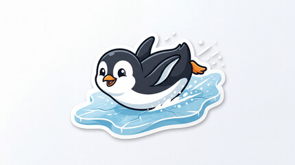 Obraz premium Cute penguin sliding on ice with splashing water droplets, joyful expression, vibrant colors, cartoon style, winter theme